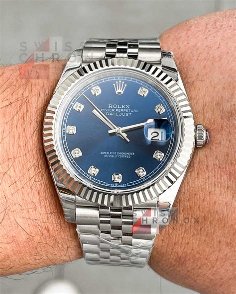 silver rolex with blue face and diamonds|rolex datejust 41mm diamond dial.